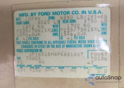 1985 Ford F150 из США, поврежденный, VIN 1FTEX15H8FKA31807